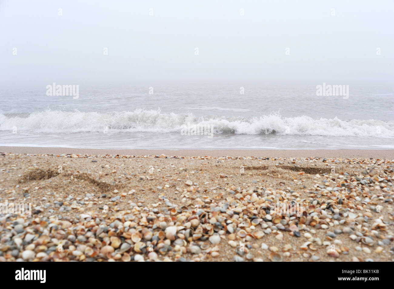 Einsame Fußabdrücke am Sandstrand Stockfoto