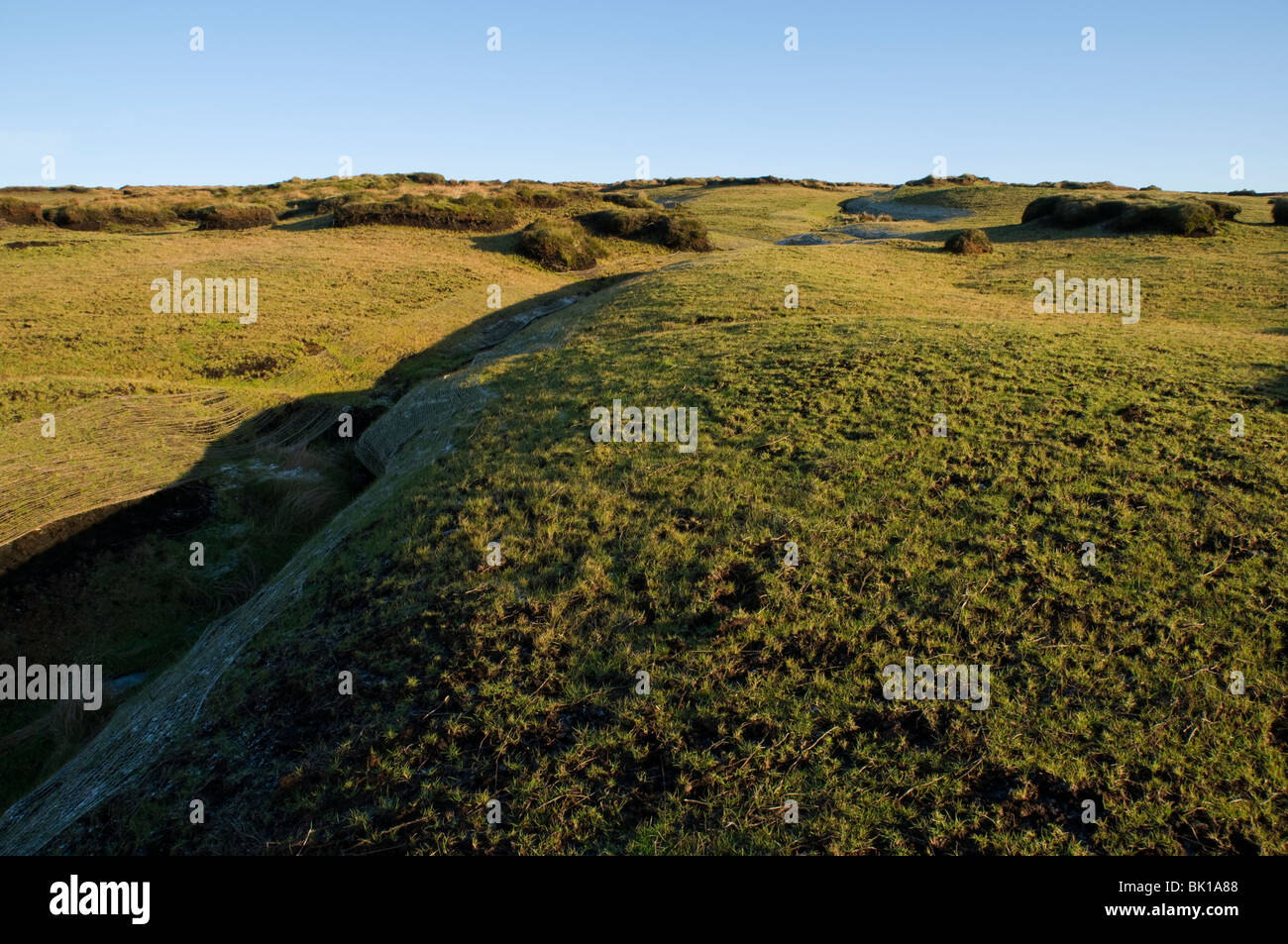 Schützende Mattierung platziert zum Schutz einer nachgesäten Gegend von Torfmoos, Saddleworth, Oldham Bezirk, Greater Manchester, England, UK Stockfoto