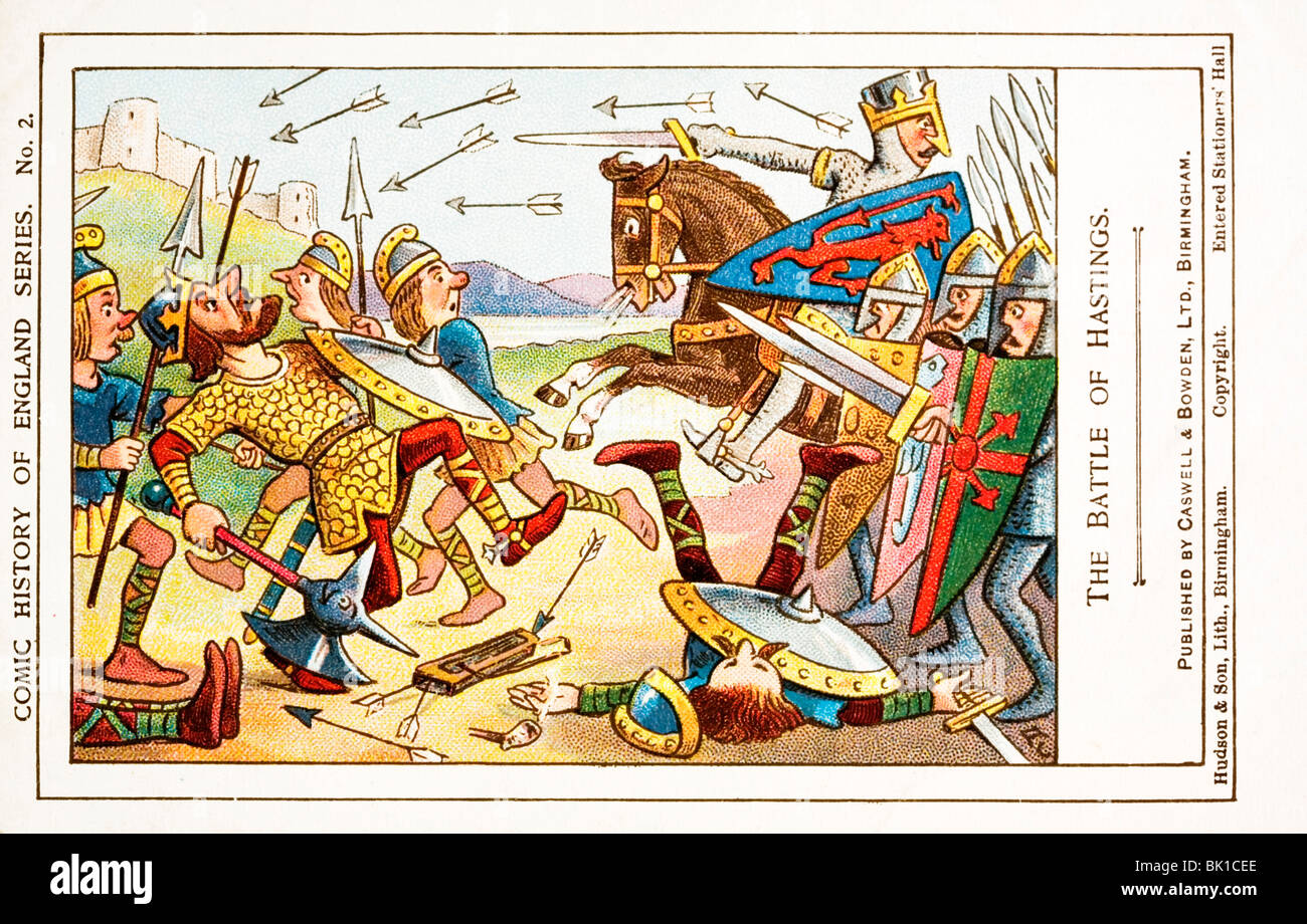 Comic-Geschichte von England Karte. Schlacht von Hastings, zeigt William des Eroberers und König Harold mit dem Pfeil Stockfoto