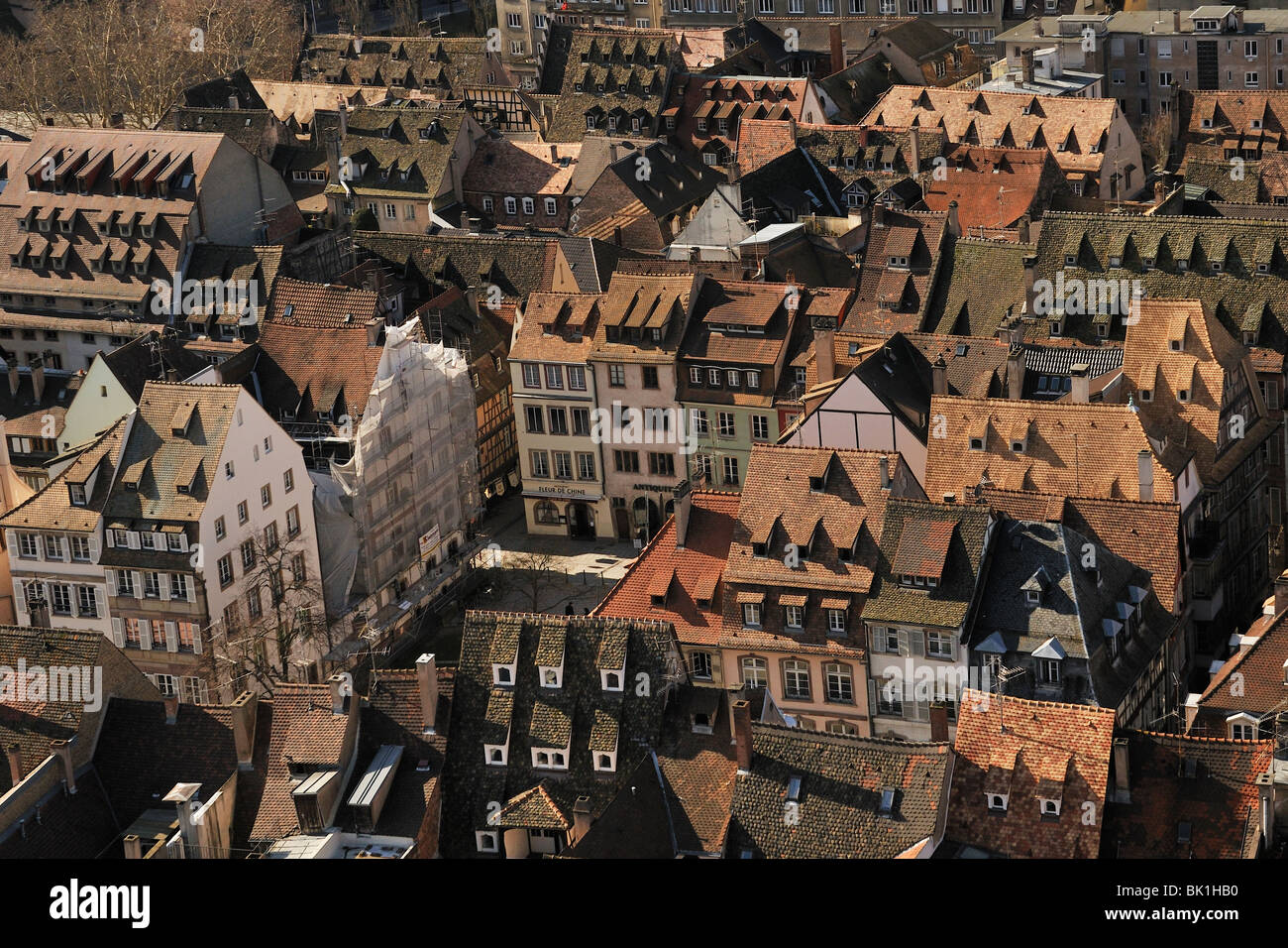 Blick hinunter auf die steilen Dächer von Straßburg von der Kathedrale entfernt Stockfoto