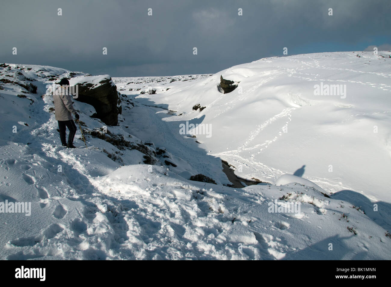 Eine Gehhilfe vor Kinder Toren auf dem Kinder Scout-Plateau im Winter, in der Nähe von Hayfield, Peak District, Derbyshire, England, UK Stockfoto