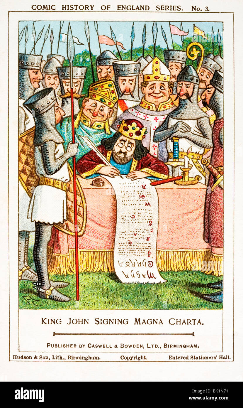 König Johann 1215 die Magna Carta in Runnymede anmelden. Comic-Geschichte der England Reihe Sammler Karte. Stockfoto