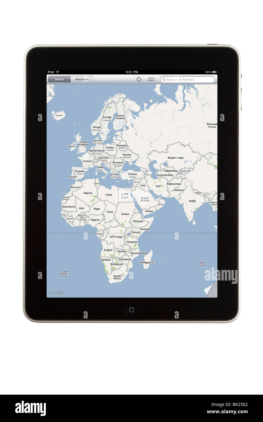 Eine Anzeige der Maps-Anwendung hervorheben, Europa, Afrika und Westasien iPad Tablet-computer Stockfoto