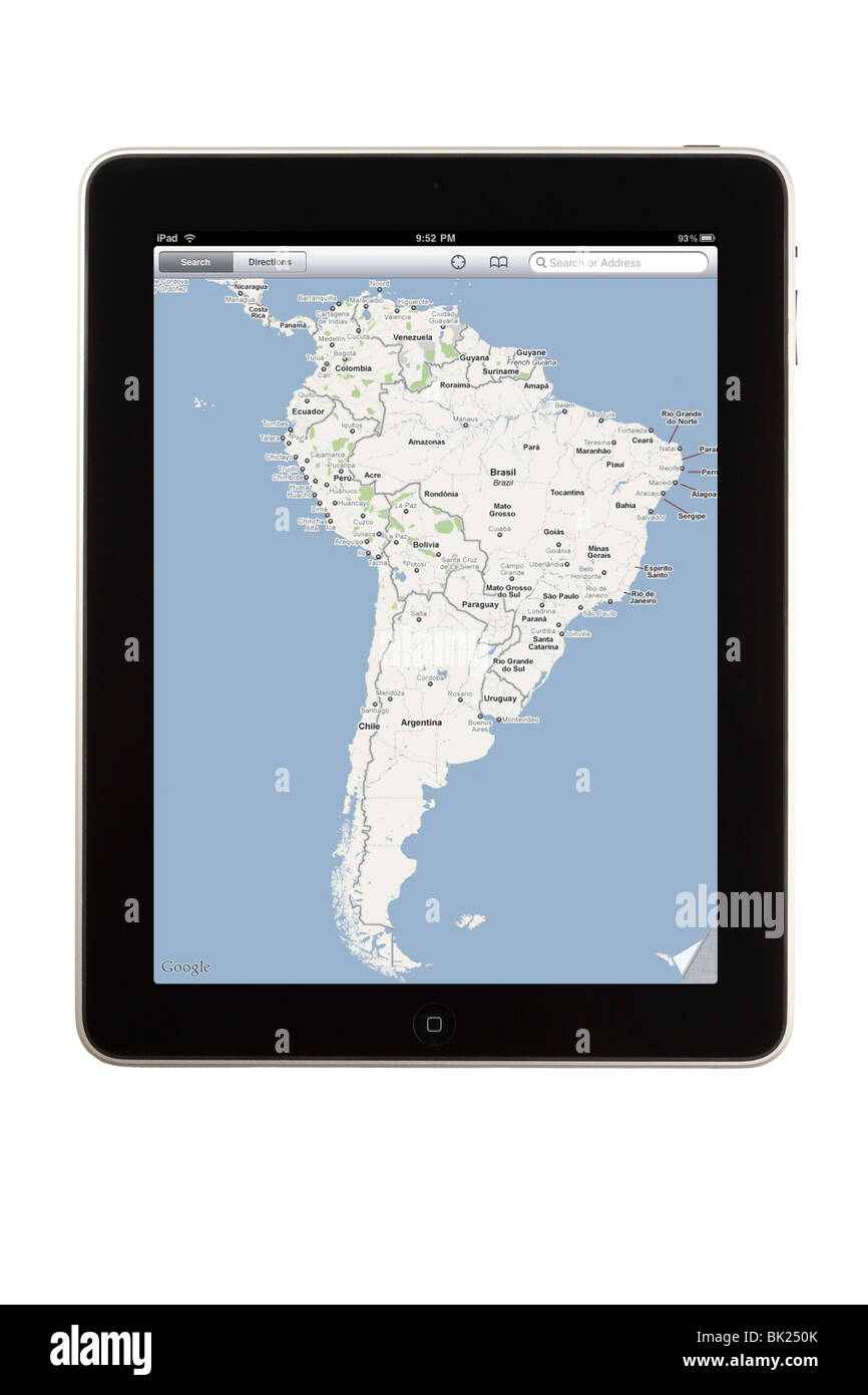 Eine Anzeige der Maps-Anwendung Hervorhebung Südamerika iPad Tablet-computer Stockfoto