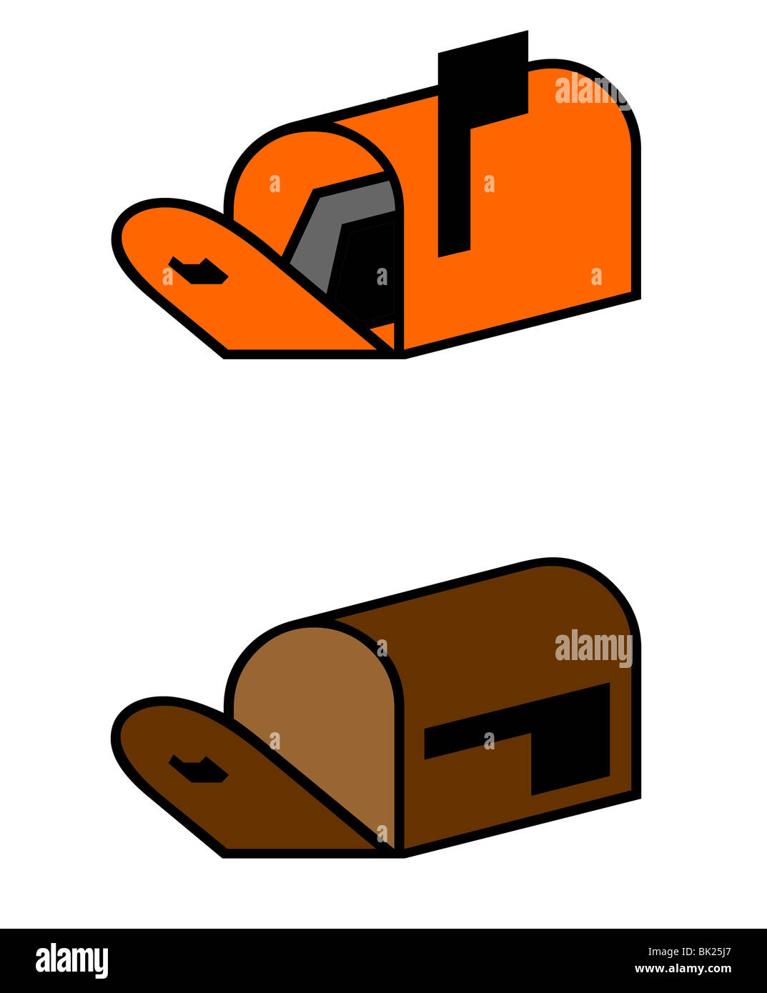 Silhouette von zwei Post oder Mail-Boxen, einem enthaltenden Briefe, isoliert auf weißem Hintergrund. Stockfoto