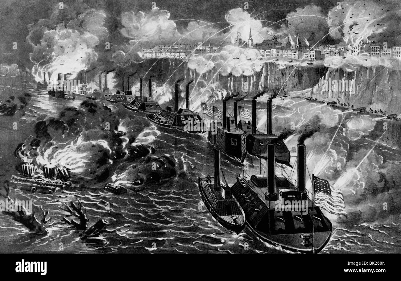 Admiral Porters Flotte läuft die Rebel Blockade des Mississippi bei Vicksburg, 16. April 1863 Stockfoto