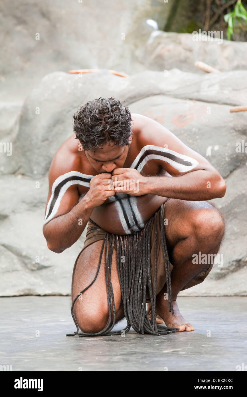 Eine traditionelle Aborigines-Anzeige im Tjapukai Aboriginal Park in der Nähe von Cairns, Queensland, Australien. Stockfoto