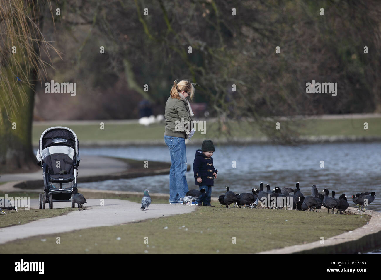 Mutter und Kind, die Fütterung der Vögel im park Stockfoto