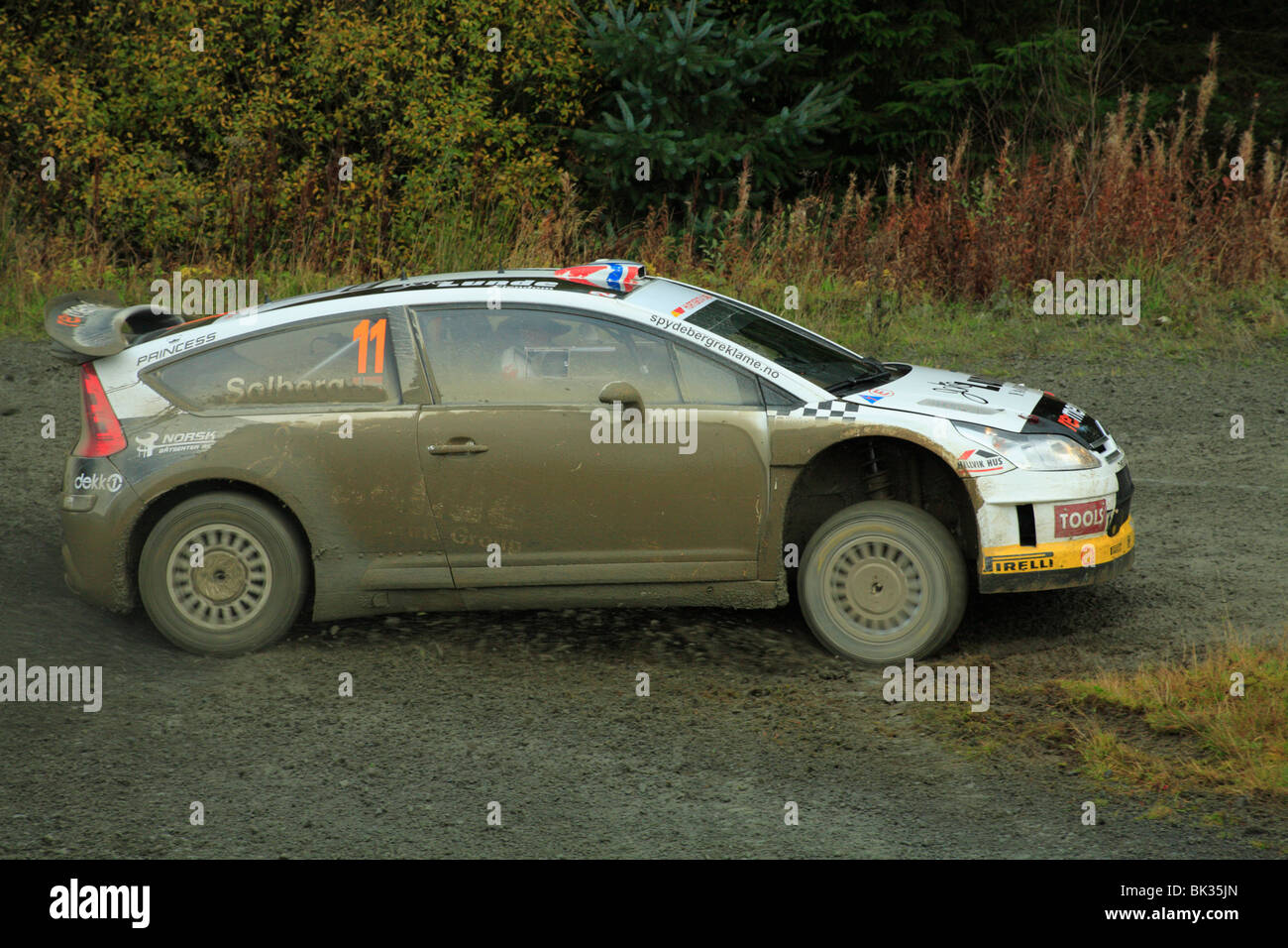 Konkurrent in der Wertungsprüfung der Rallye-Weltmeisterschaft statt im Hafren Wald nahe Llanidloes, Powys, Wales. Stockfoto