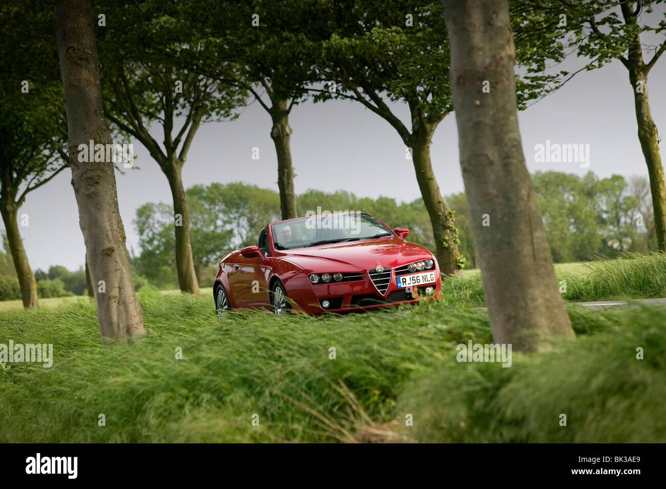 Alfa Romeo Spider fahren entlang einer französischen Landstraße Stockfoto