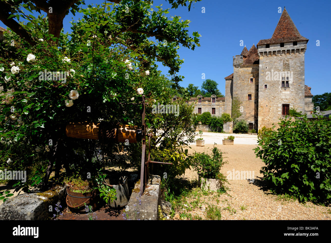Altes gut mit Le Chateau De La Marthonie im Hintergrund, St. Jean de Cole, Dordogne, Frankreich, Europa Stockfoto
