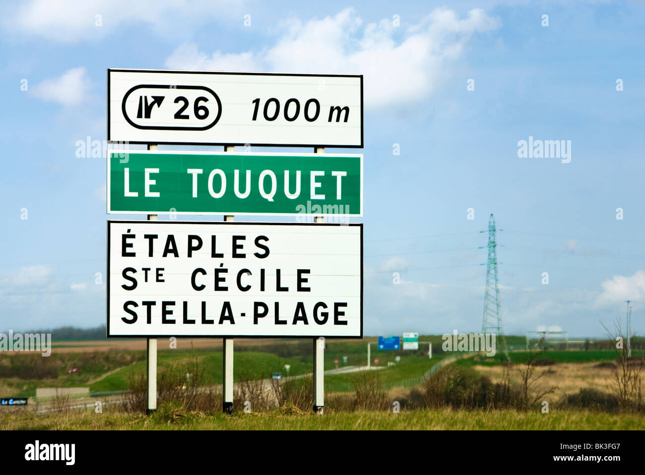 Ausfahrt Sortie anmelden A16 Französisch Autoroute nach Le Touquet, Frankreich, Europa Stockfoto