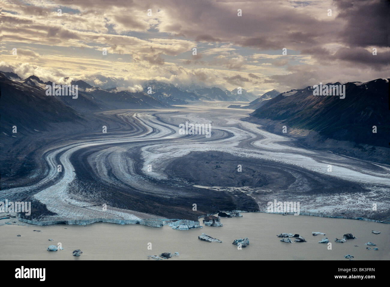 Lowell Gletscher fließt in den Alsek River in die Saint Elias Mountains im Kluane National Park im Yukon Territorium, Kanada. Stockfoto