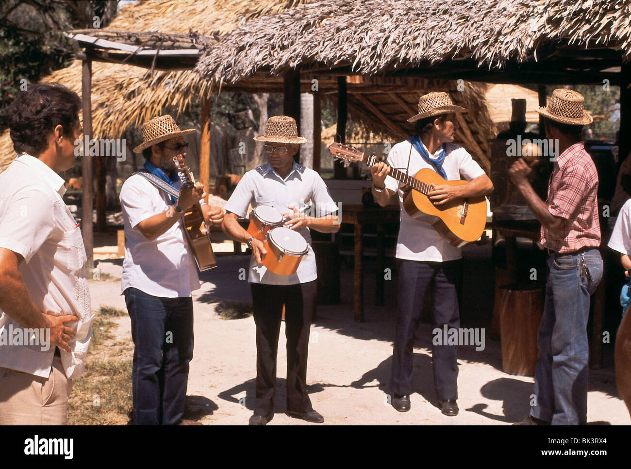 Ein männliches Quartett von Musikern, die akustische Gitarren, Schlagzeug und Maracas für touristische Unterhaltung in Kuba spielen Stockfoto