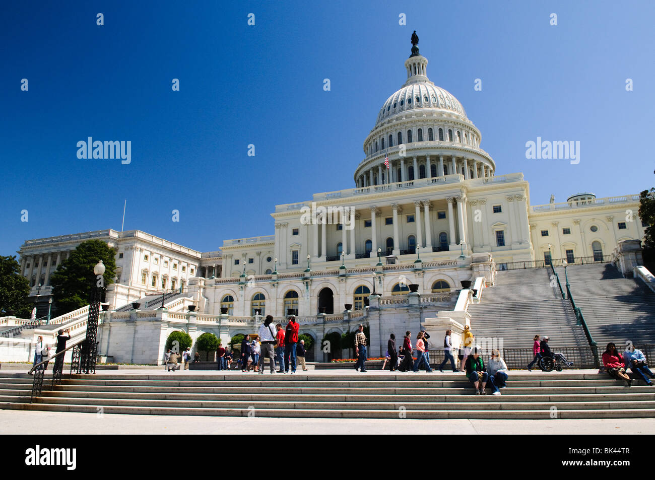 WASHINGTON DC, USA - US Capitol Gebäude mit Frühling Tulpen und strahlend blauer Himmel Stockfoto