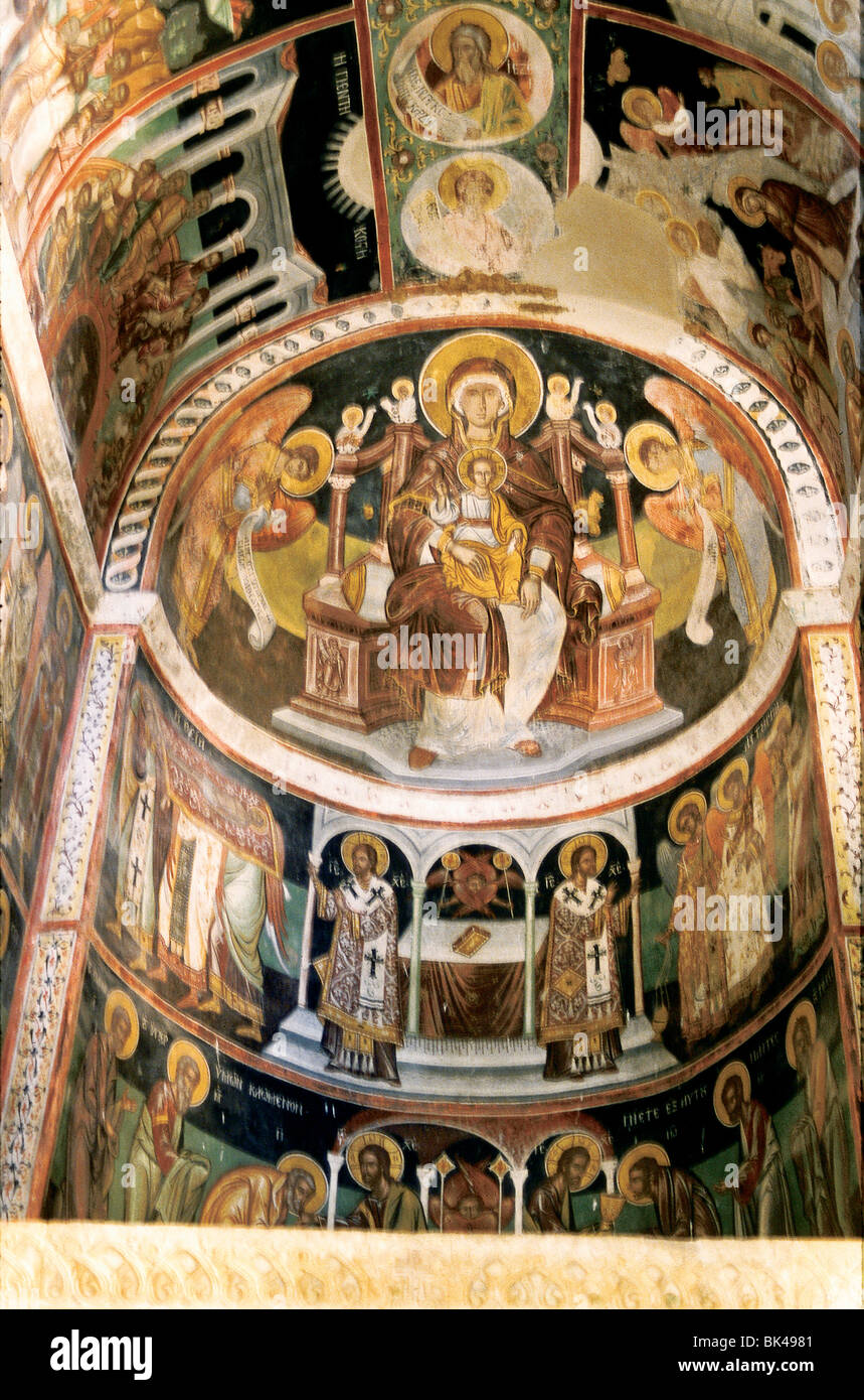 17. Jahrhundert byzantinischen Wandmalereien, Fresken in der zentralen Apsis des katholikon des Kloster kaisariani - Athen, Griechenland Stockfoto