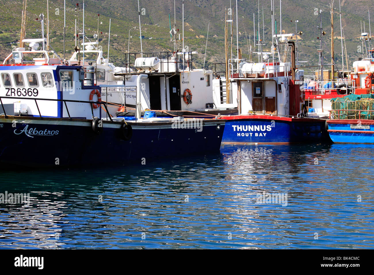 Fischerboote im Hafen von Hout Bay, Kapstadt, Südafrika. Stockfoto