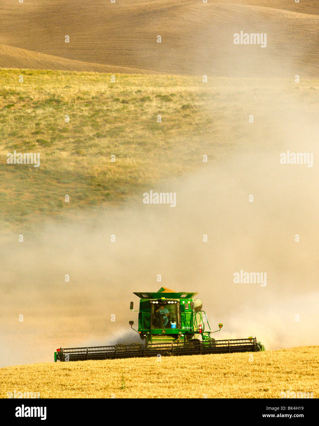 John Deere Mähdrescher ernten weißen Weichweizen im zentralen östlichen Washington Stockfoto