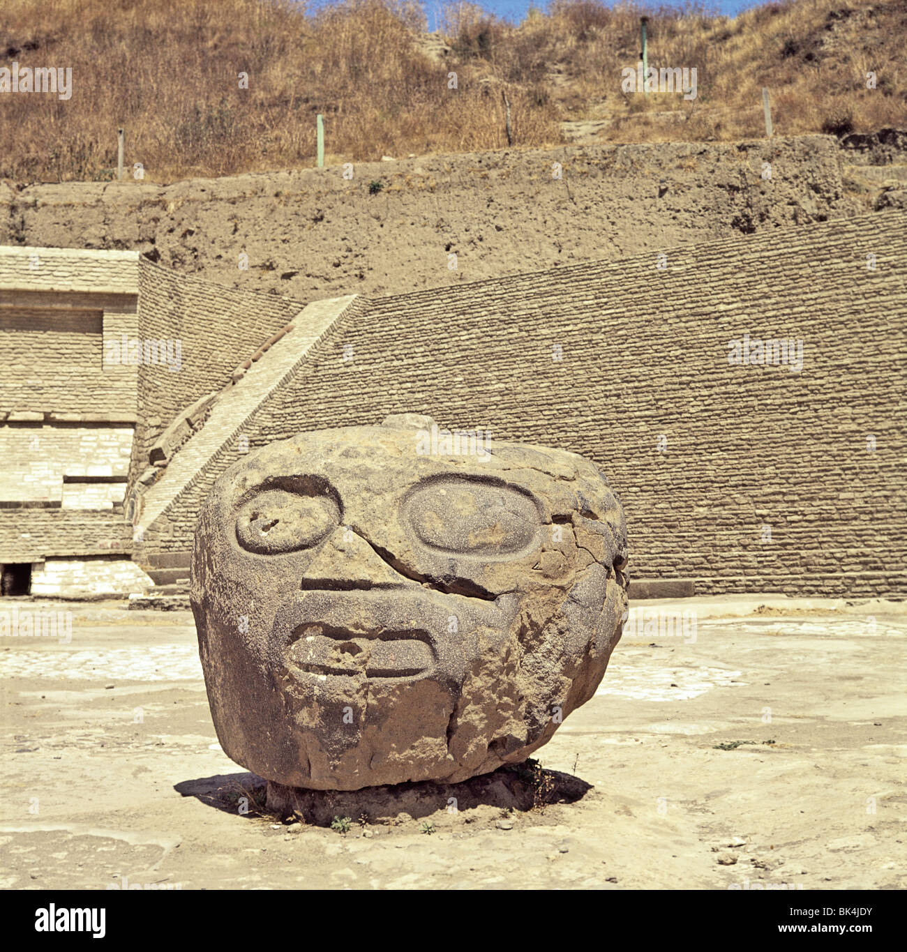 Ein Olmeken Steinskulptur eines Kopfes an der mesoamerikanischen archäologischen Stätte von Cholula, Mexiko Stockfoto