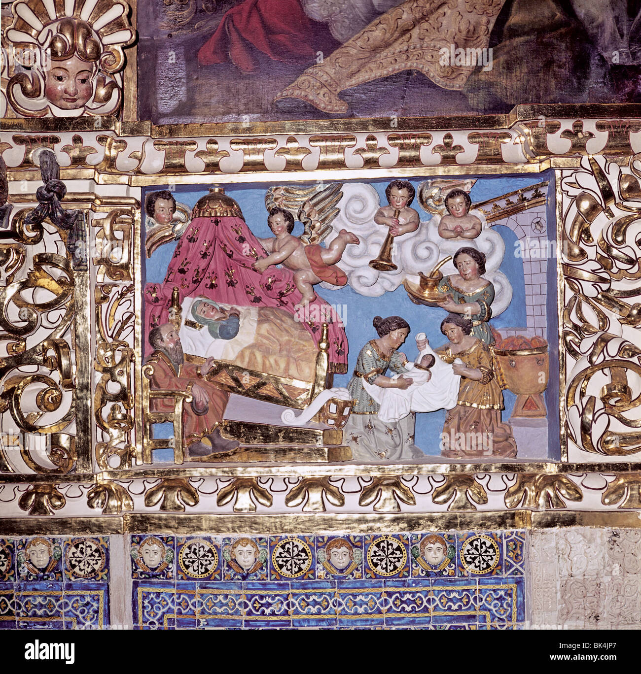 17. Jahrhundert Reliefskulptur die Krippe in der Kapelle des Rosenkranzes, Kirche von Santo Domingo, Puebla, Mexiko Stockfoto
