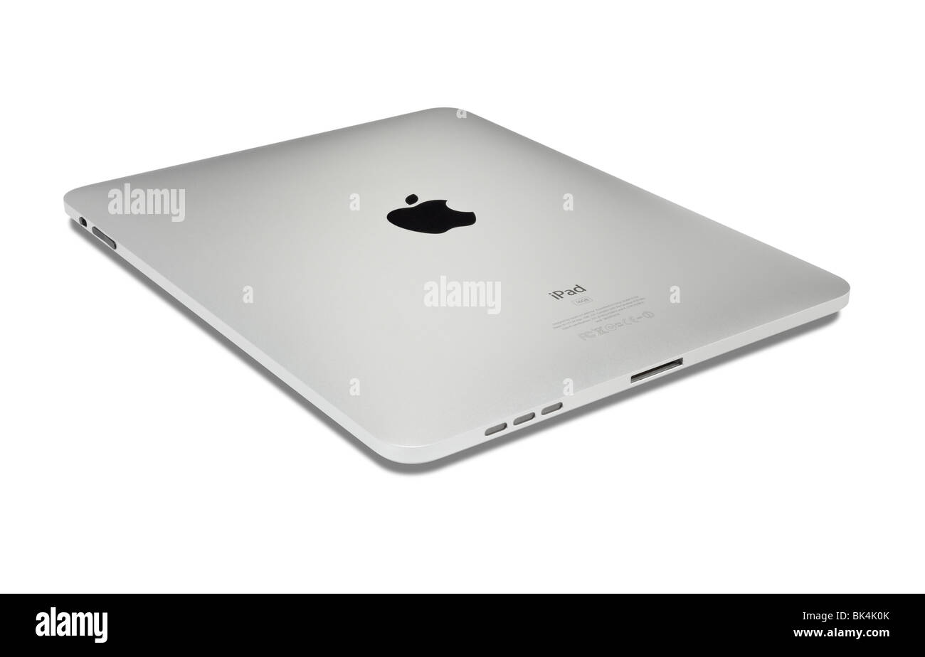 Rückseite des Apple iPad, auf einem weißen Hintergrund mit Beschneidungspfad ausgeschnitten. Stockfoto