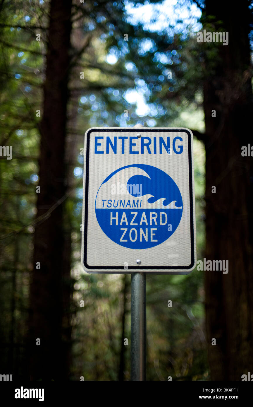Verkehrszeichen für Überschwemmungen Wellen während eine Tsunami Warnung Stockfoto