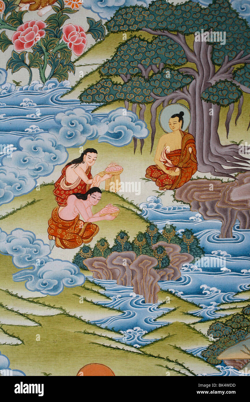 Thangka Gemälde von Sujata geben Milchreis, Buddha, Bhaktapur, Nepal, Asien Stockfoto