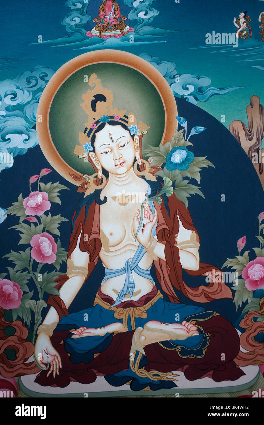 Thangka zeigt Weiße Tara-Göttin, buddhistisches Symbol des langen Lebens, Bhaktapur, Nepal, Asien Stockfoto