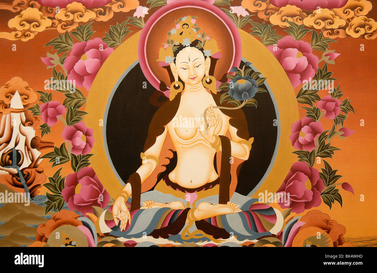 Thangka zeigt Weiße TaraGöttin, buddhistisches Symbol des langen