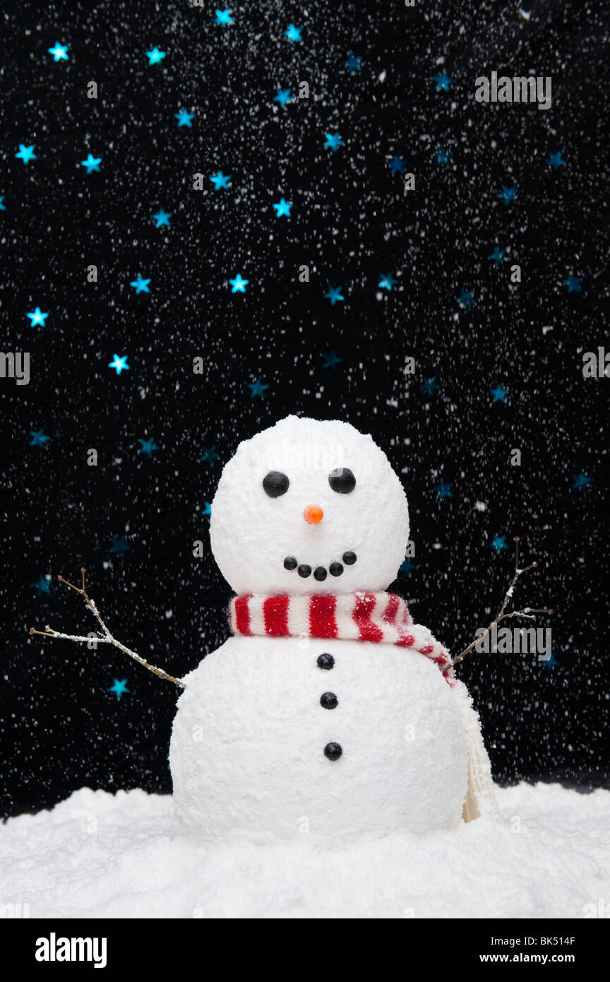 Schneemann im Schnee gegen sternenklaren Himmel Konzept Stockfoto