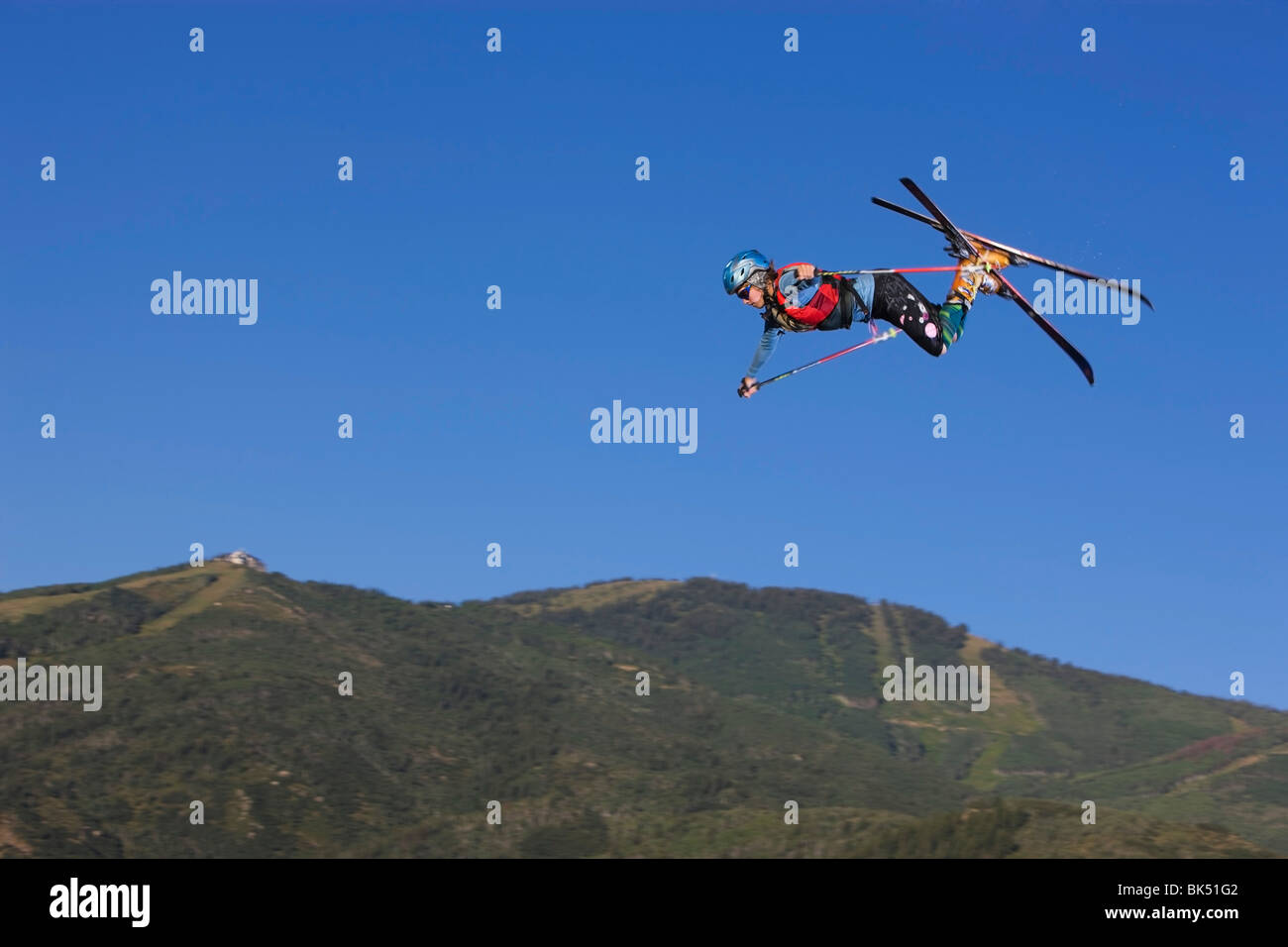 Skispringer üben eine Schulungseinrichtung, Steamboat Springs, Routt County, Colorado, USA Stockfoto