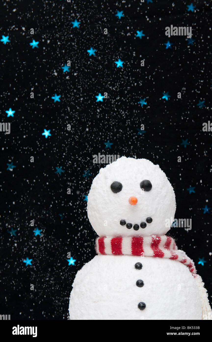Schneemann im Schnee gegen sternenklaren Himmel Konzept Stockfoto