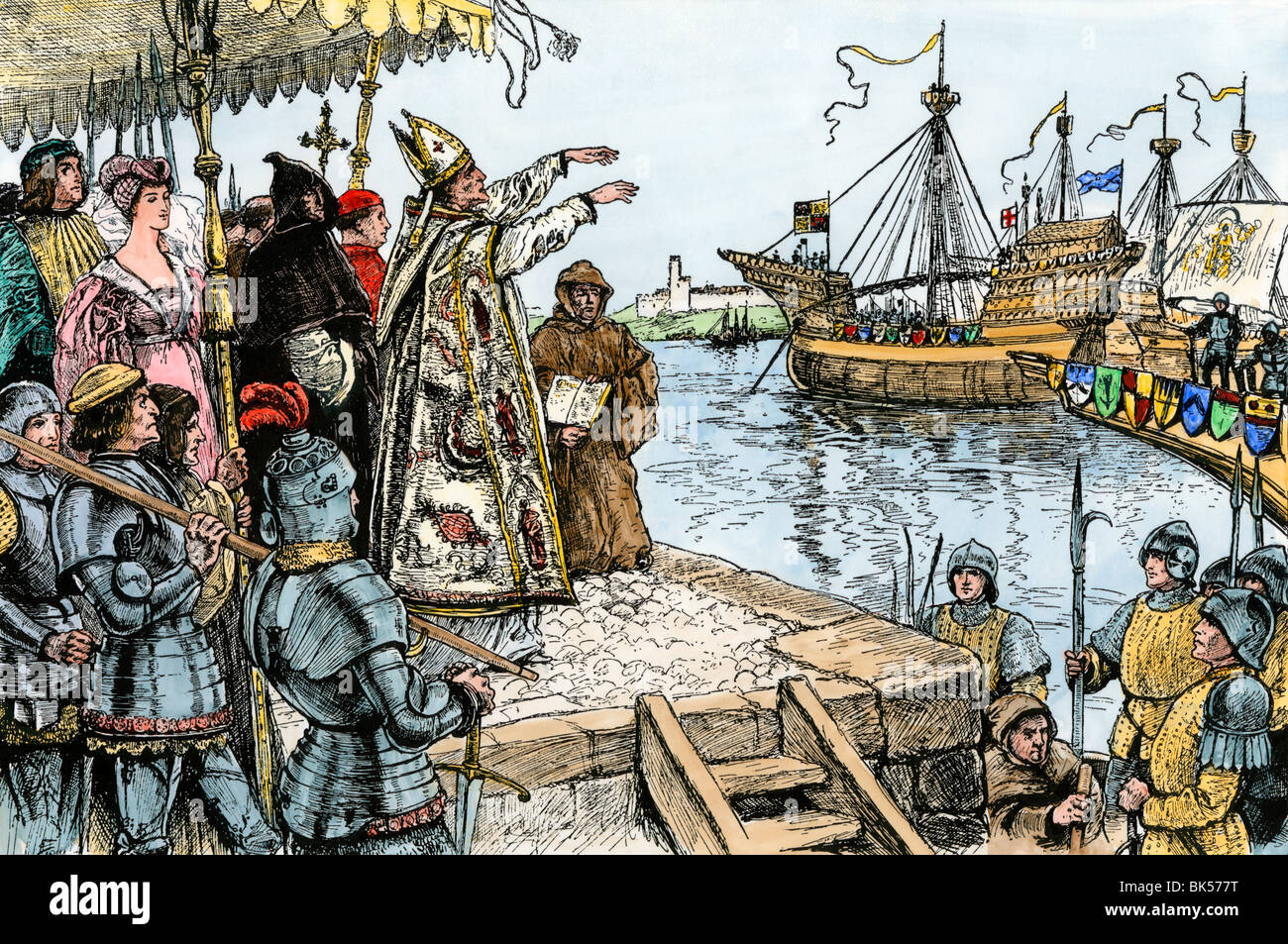 Henry V senden Englisch Kräfte in Frankreich zu kämpfen und Hundertjährigen Krieges, 1400. Hand - farbige Holzschnitt Stockfoto