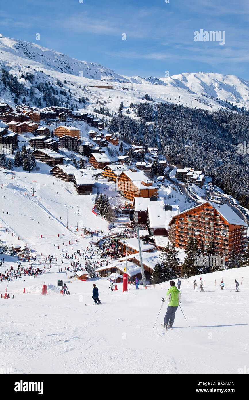 Méribel-Mottaret, 1750m, Skigebiet, Meribel, Trois Vallées (Les Trois Vallees), Savoie, Alpen, Frankreich Stockfoto