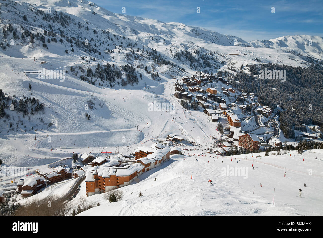 Meribel-Mottaret, 1750 m, Skigebiet, Meribel, drei Täler Les Trois Vallees), Savoie, Alpen, Frankreich Stockfoto