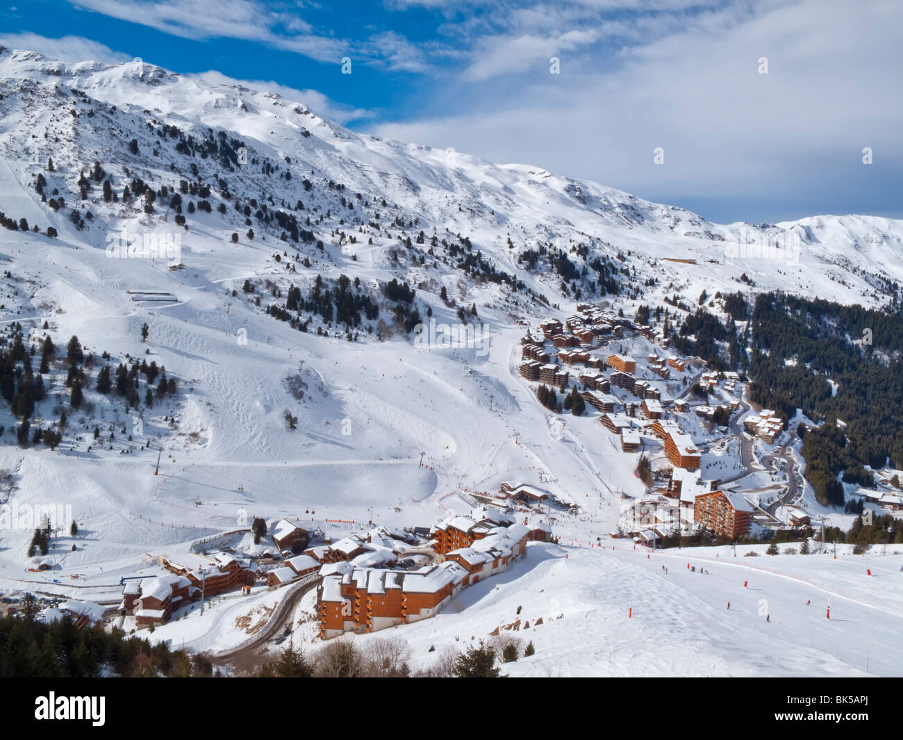Méribel-Mottaret, 1750m, Skigebiet, Meribel, Trois Vallées (Les Trois Vallees), Savoie, Alpen, Frankreich Stockfoto