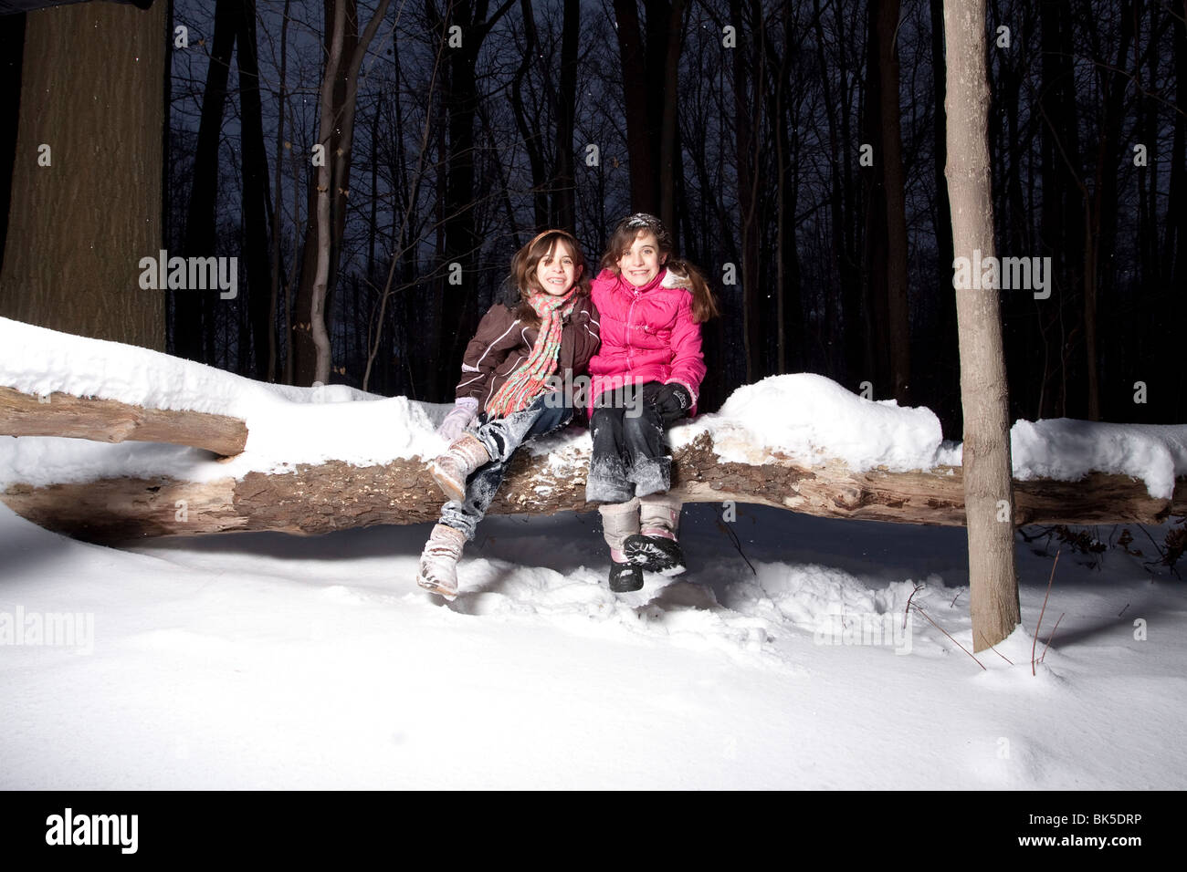 Zwillings-Schwestern sitzen auf einem Baumstamm bedeckt mit Schnee Stockfoto