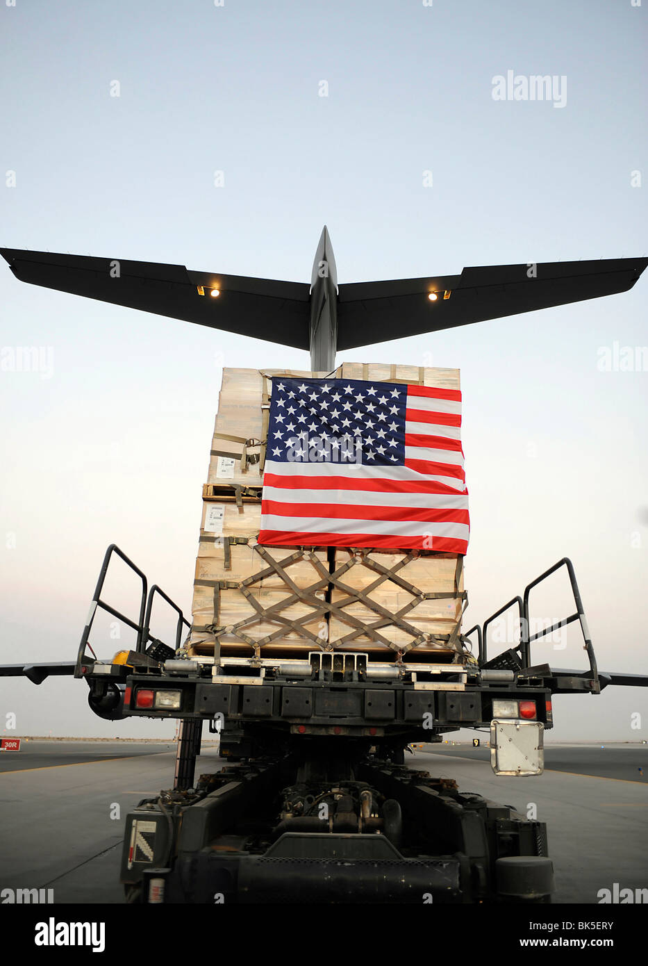 A pallet containing humanitarian relief supplies to Pakistan loaded into the cargo bay of a C-17 Globemaster III, Southwest Asia Stockfoto