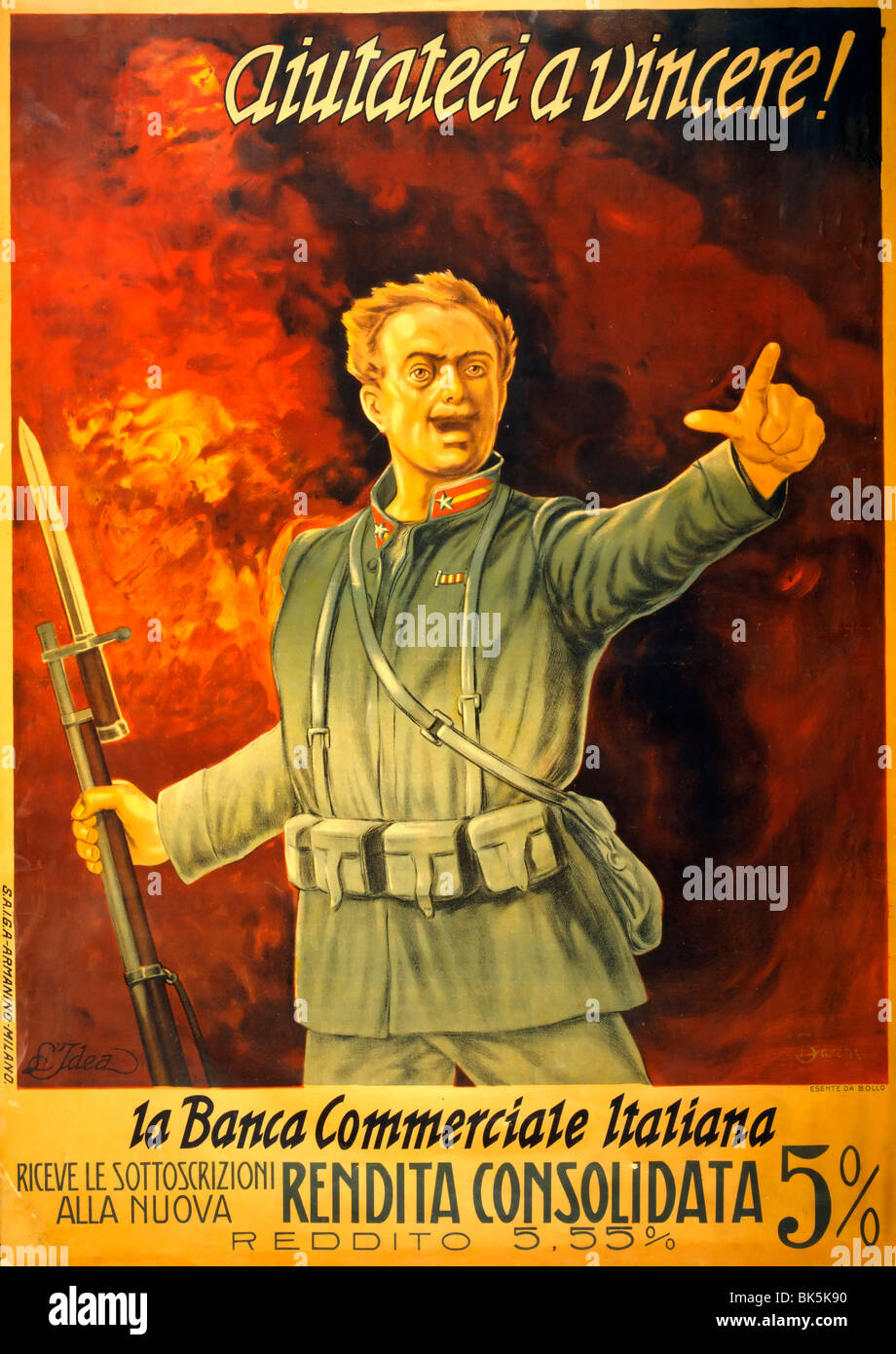 Aiutateci ein Vincere! la Banca Commerciale Italiana. Helfen Sie uns - italienische Handelsbank - italienischen Krieg Bond Poster zu gewinnen Stockfoto