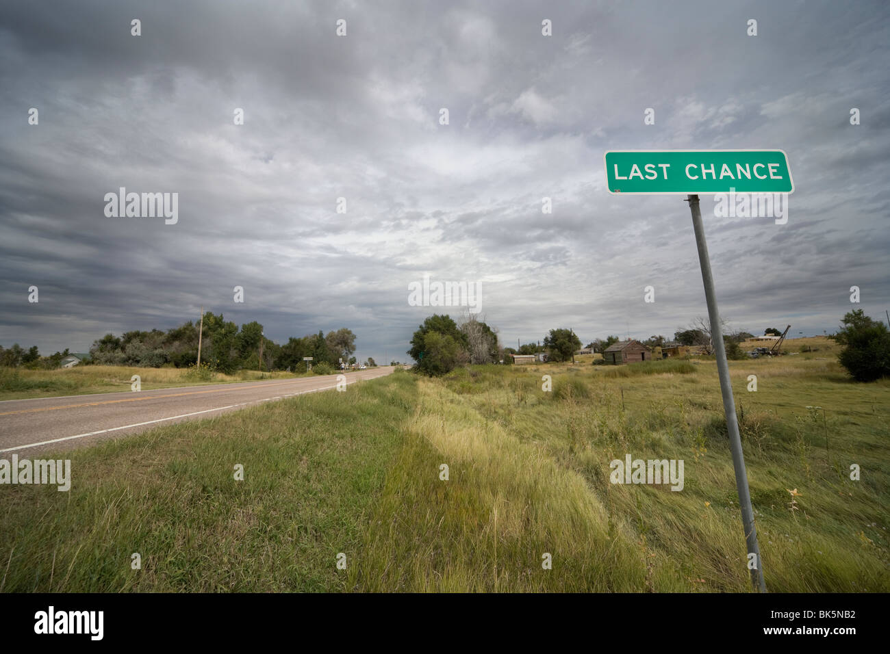 Stadt Zeichen letzte Chance, Colorado 80757 USA, an der Kreuzung des U.S. Highway 36 und State Highway 71. Stockfoto