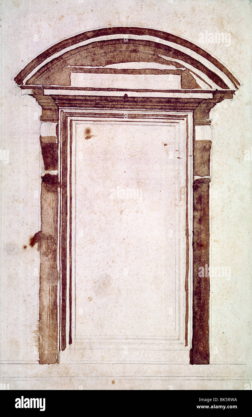Tür-Design, von Michelangelo Buonarroti, Feder und Tinte, 1475-1564, Italien, Florenz, Galleria Degli Uffizi Stockfoto