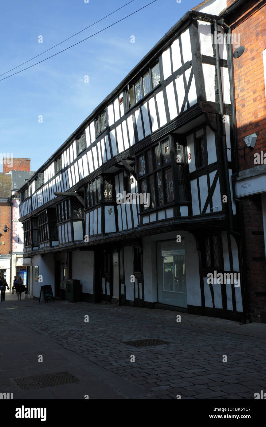 Wunderbare Darstellung der ein 14. Jahrhundert Holz gerahmt Gebäude, gelegen auf Butcher Row, Shrewsbury, Shropshire, England. Stockfoto