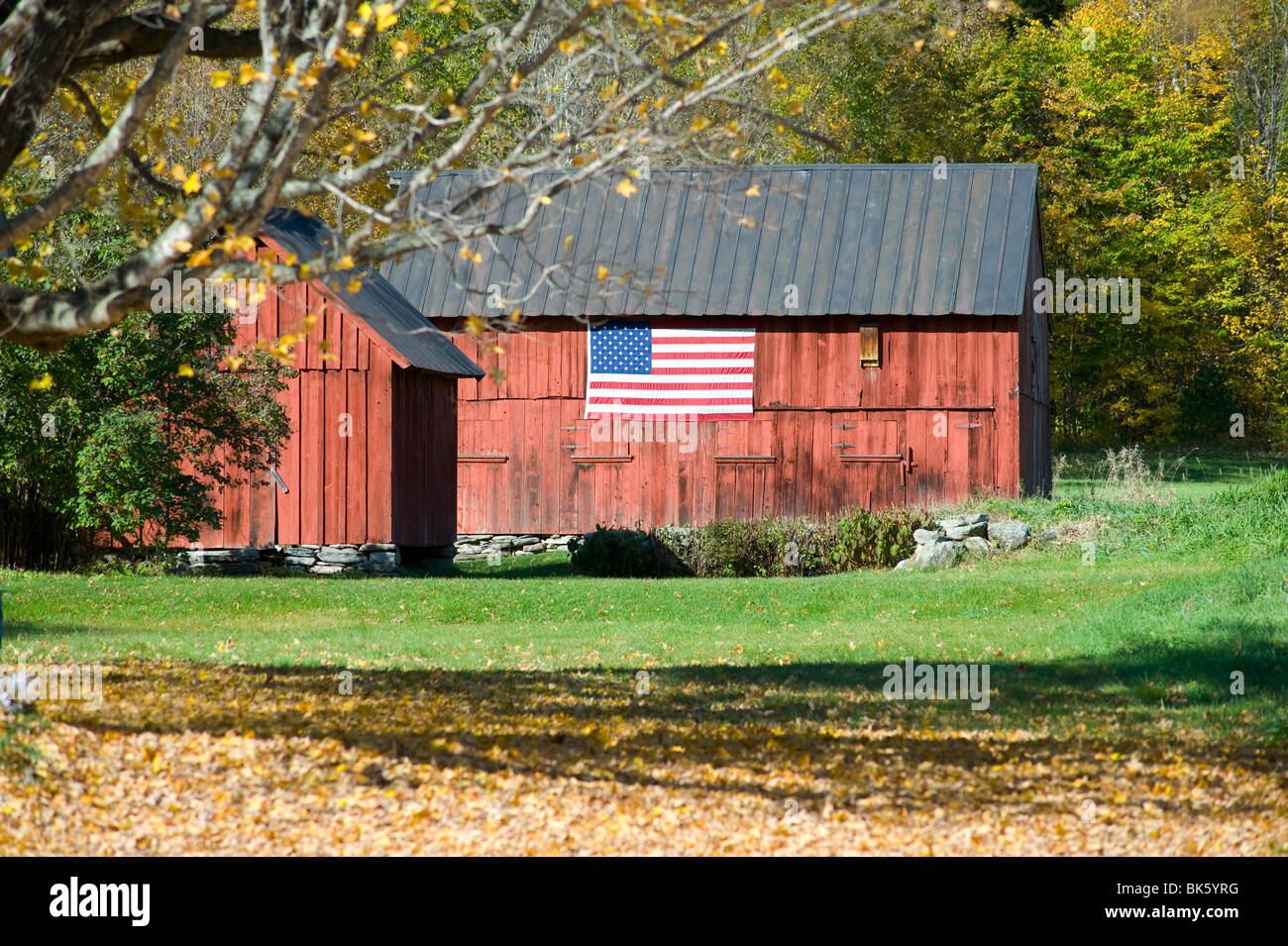 Eine alte rote Scheune mit einer amerikanischen Flagge hängen an der Seite und Herbstlaub auf dem Hügel hinter, Vermont, USA Stockfoto