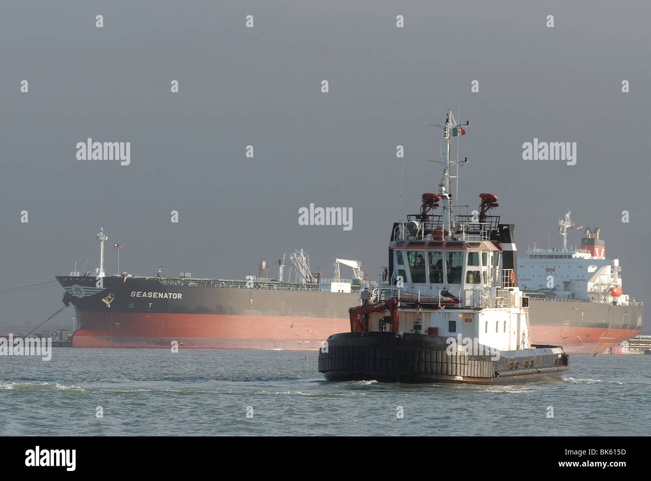 Frachtschiffe Manövrieren im Hafen von Livorno (Italien), Schlepper Stockfoto