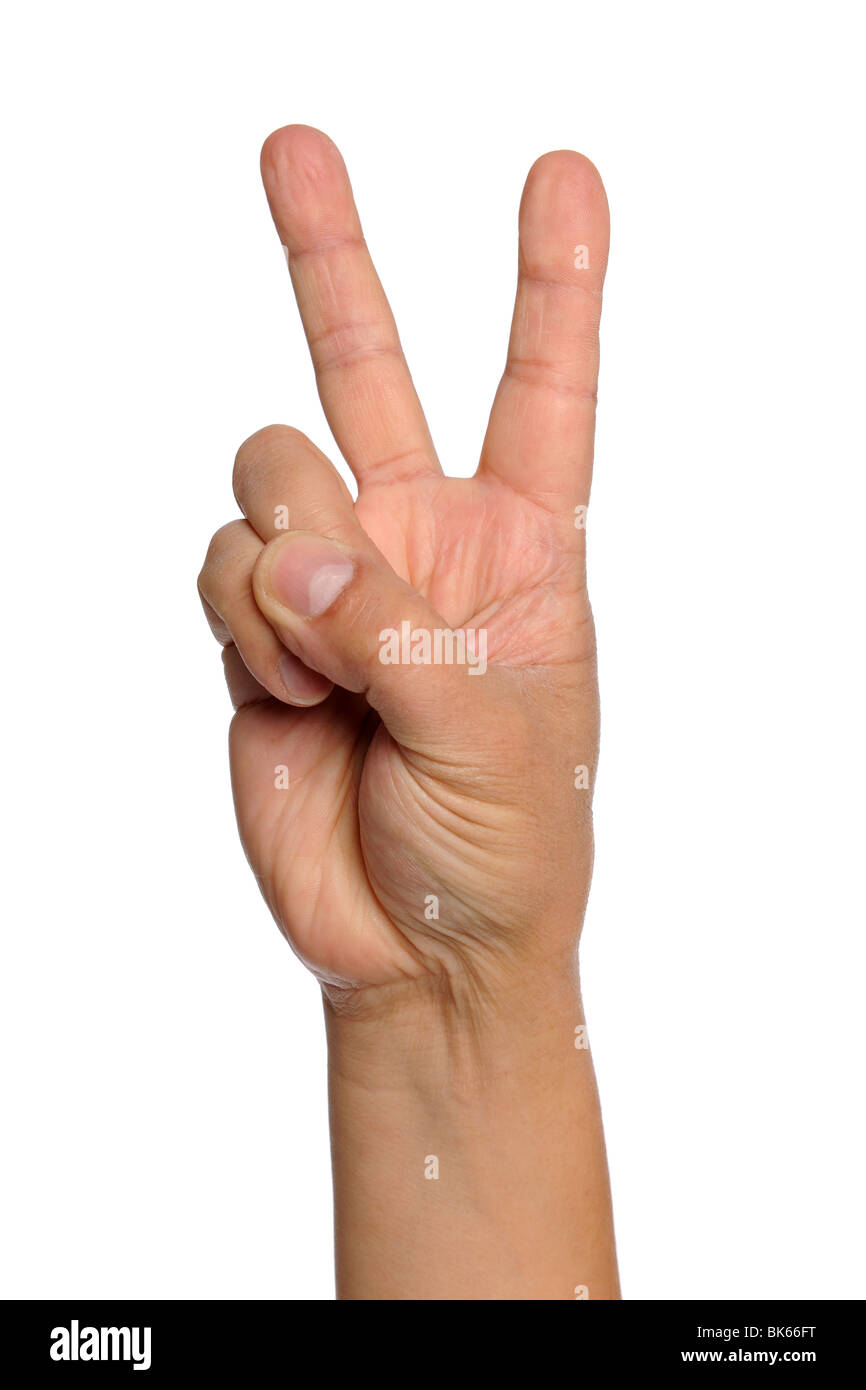 Hand mit Peace-Zeichen isoliert auf weißem Hintergrund Stockfoto