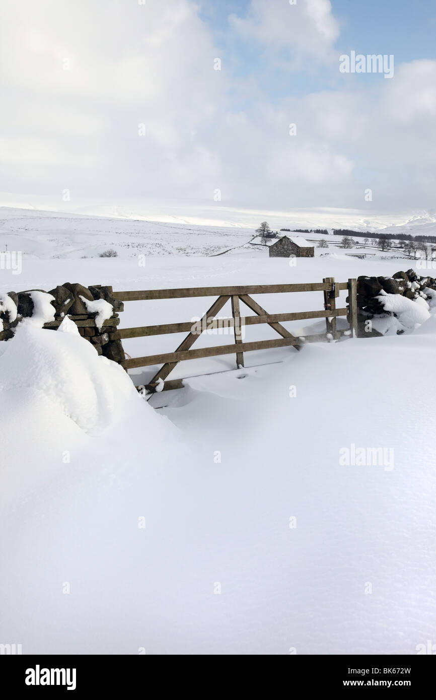 Schnee driftet in der Nähe von hohen Kraft im oberen Teesdale County Durham United Kingdom Stockfoto