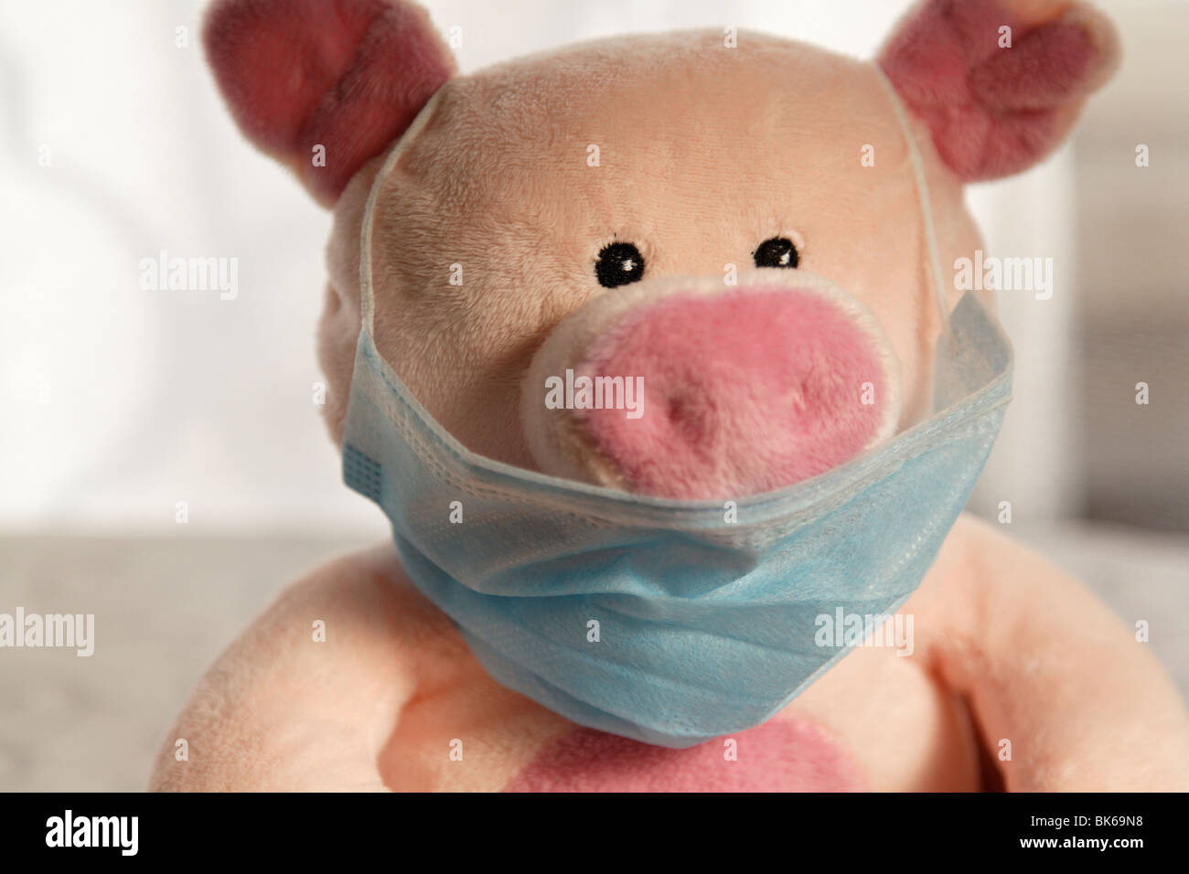 Spielzeug-Schwein mit Schutzmasken, Schuss in den Kopf. Stockfoto