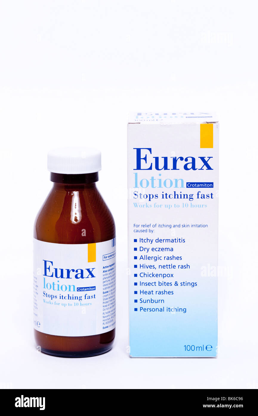 Eine Flasche Eurax Lotion zur Linderung von Juckreiz und Hautirritationen auf weißem Hintergrund Stockfoto