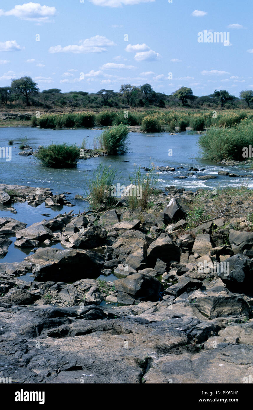 Ein Abschnitt des Crocodile River in Südafrikas Krüger Nationalpark, Provinz Mpumalanga. Stockfoto