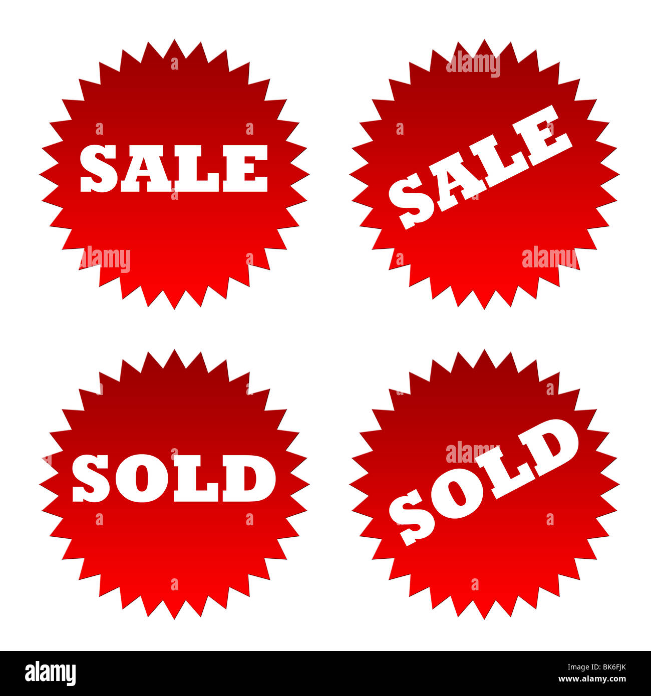 Rot Verkauf und verkauften Aufkleber oder Etiketten, die isoliert auf weißem Hintergrund. Stockfoto